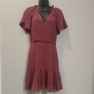 Rebecca Taylor Clip Dot Flutter Sleeve V‑Neck Ruffle Hem Dress Burgundy Size 2